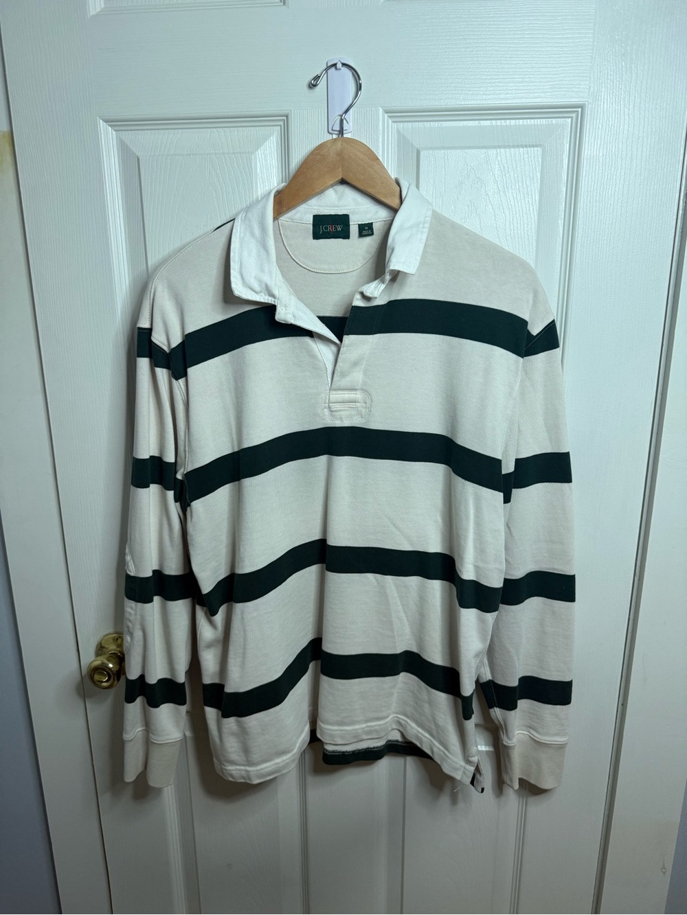 J. Crew Cream Long-Sleeve Rugby Polo with Dark Green Stripes